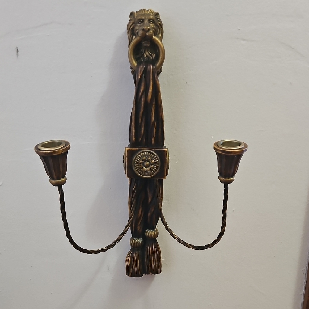 Vintage Lion Head Braided Draped Tassel Double Arm Antique Gold Candle Holder